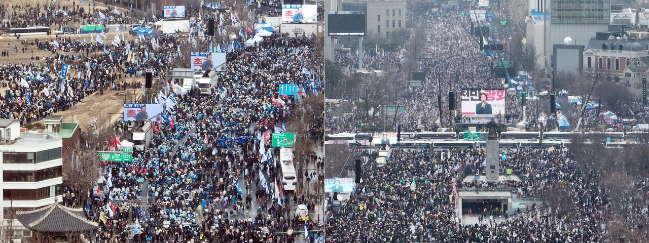 Protesters who support the impeachment of President Yoon Suk Yeol (left) and those calling for the impeachment's rejection (right) stage rallies in Seoul on Saturday. (Yonhap)