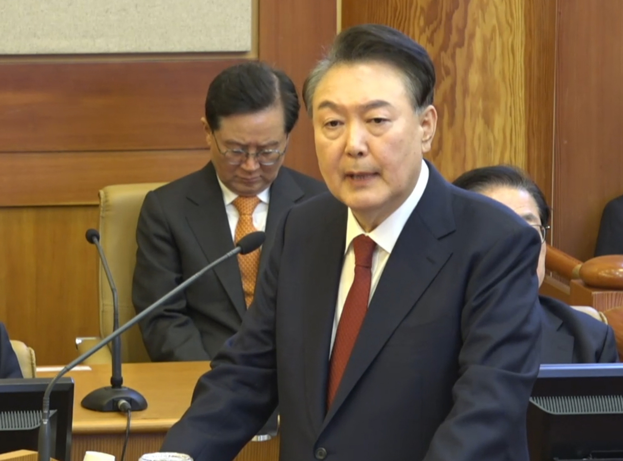 윤석열 대통령이 25일 서울 종로구 헌법재판소에서 열린 윤 대통령 탄핵심판 11차 변론에서 최종 의견 진술을 하고 있다. [헌법재판소 제공]