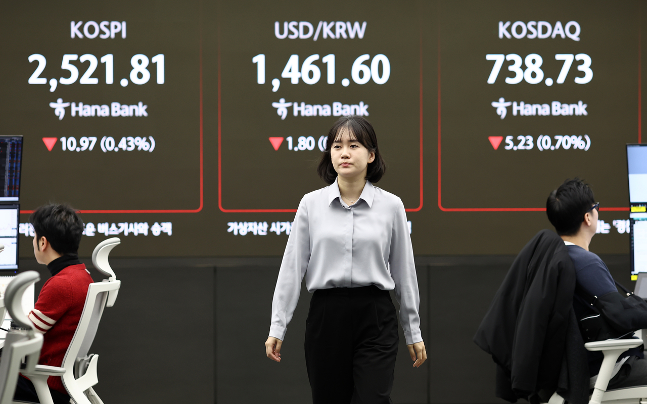 An electronic board showing the Korea Composite Stock Price Index at a dealing room of the Hana Bank headquarters in Seoul on Tuesday. (Yonhap)