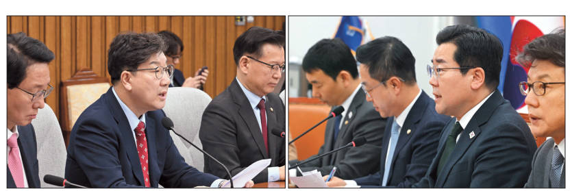 권성동(왼쪽 사진) 국민의힘 원내대표와 박찬대 더불어민주당 원내대표가 4일 오전 서울 여의도 국회에서 열린 각각 당 원내대책회의에 참석해 모두발언하고 있다. 이상섭 기자