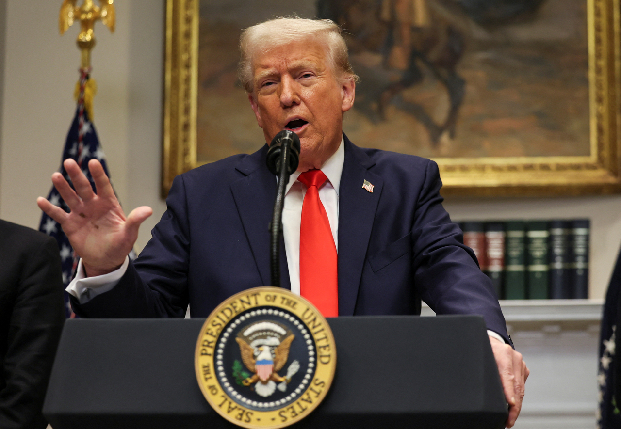 US President Donald Trump makes an announcement about an investment from the Taiwan Semiconductor Manufacturing Company at the White House in Washington on Monday. (Reuters-Yonhap)