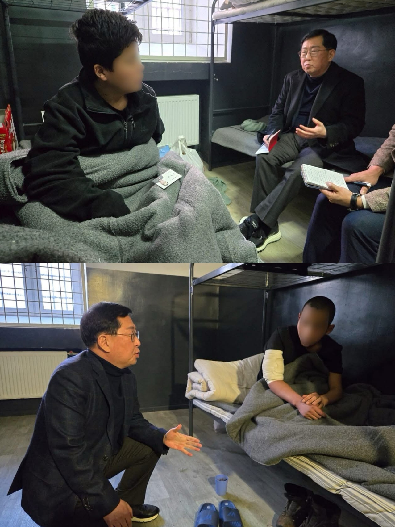 Rep. Yu Yong-weon of the People Power Party speaks with North Korean prisoners of war in Ukraine on Feb. 25. (courtesy of Yu)
