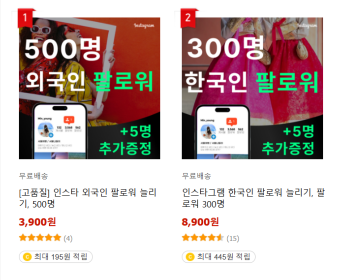 인스타그램 팔로워를 늘려준다고 홍보하는 상품. [쿠팡 갈무리]