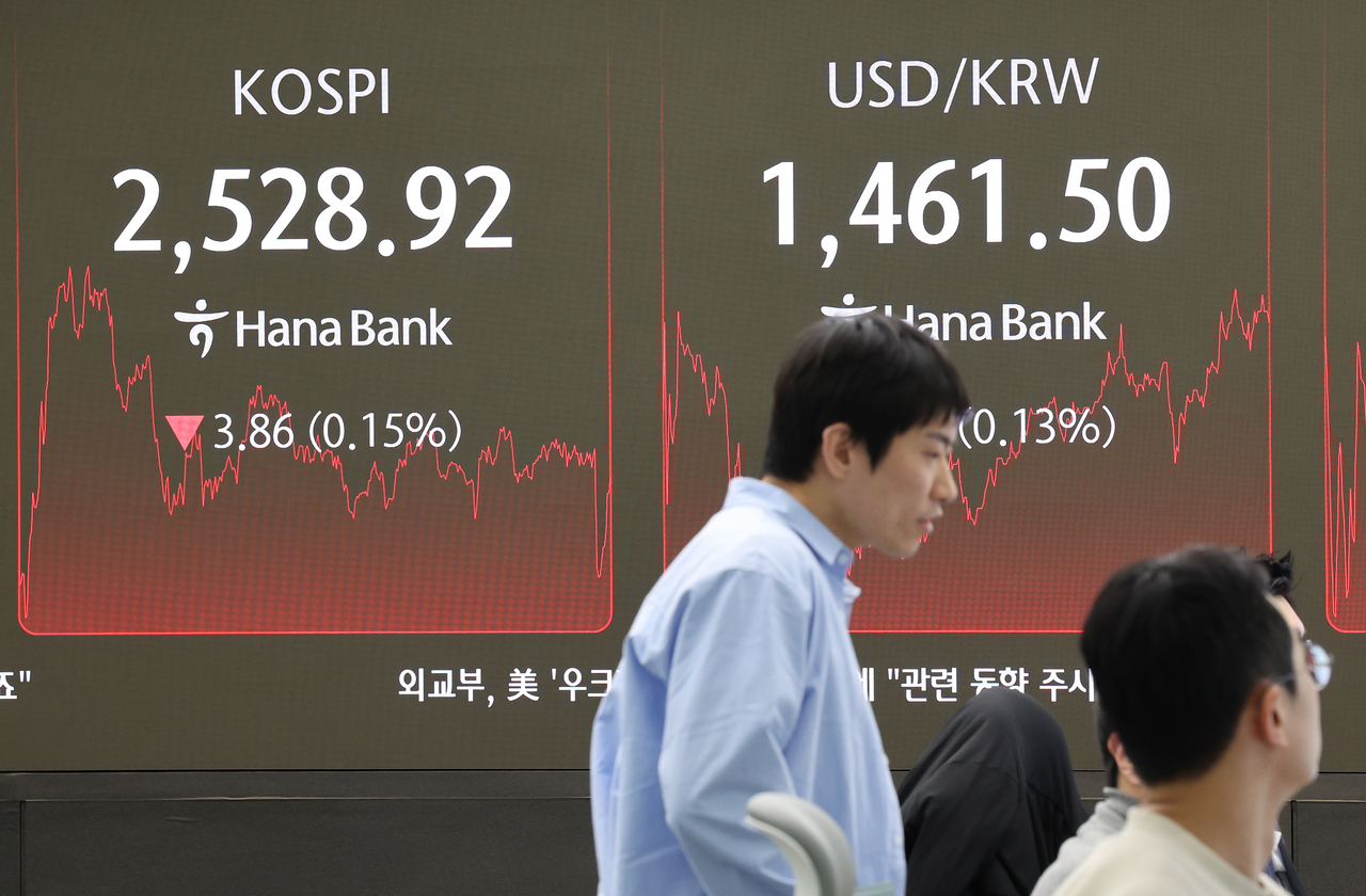 An electronic board showing the Korea Composite Stock Price Index at a dealing room of the Hana Bank headquarters in Seoul on Tuesday. (Yonhap)
