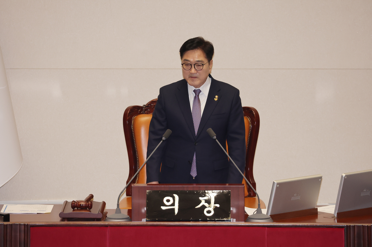 27일 국회 본회의에서 우원식 국회의장이 발언하고 있다. [연합]