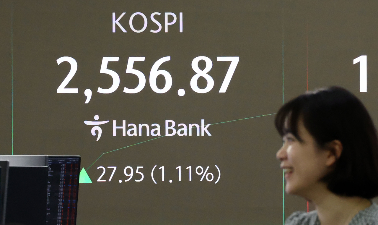 5일 오전 서울 중구 하나은행 본점 딜링룸 현황판에 코스피 지수 등이 표시되고 있다. 이날 코스피 지수는 전 거래일 대비 19.53포인트(0.77%) 오른 2,548.45에, 코스닥은 5.45포인트(0.74%) 오른 743.35에 개장했다.  [연합]