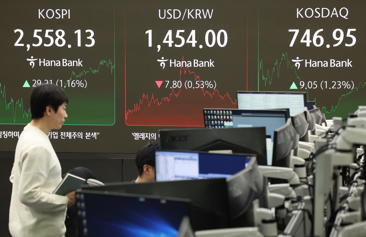 5일 오후 서울 중구 하나은행 본점 딜링룸 현황판에 코스피, 원/달러 환율, 코스닥 지수가 표시돼 있다. 이날 코스피는 전 거래일보다 29.21포인트(1.16%) 오른 2558.13으로, 코스닥지수는 전장보다 9.05포인트(1.23%) 오른 746.95로 마감했다. [연합]
