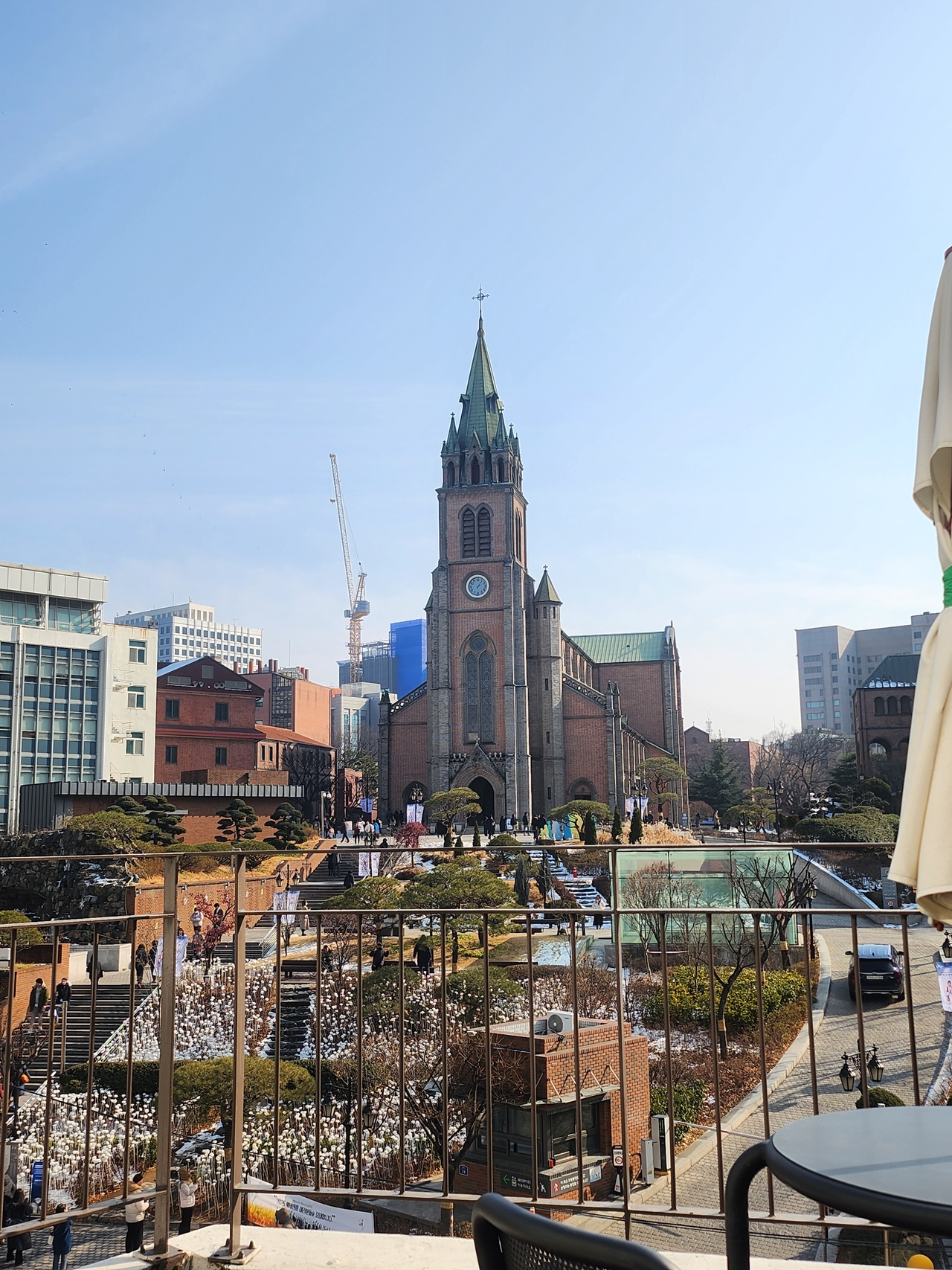 View of Myeongdong Cathedral from the terrace of cafe Pines (Lee Jung-youn/The Korea Herald)