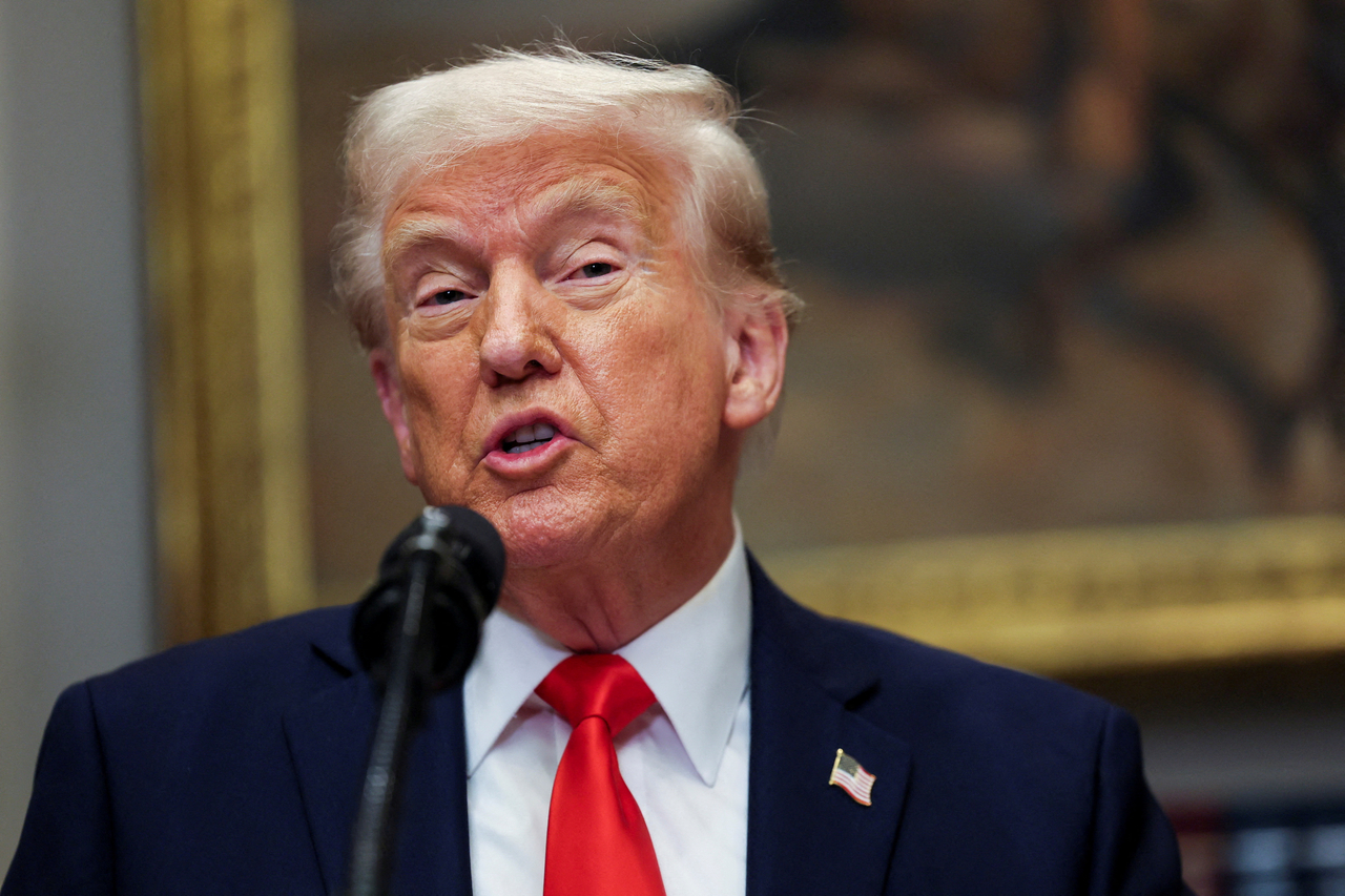 This photo shows US President Donald Trump speaking at the White House in Washington on Monday. (Reuters-Yonhap)