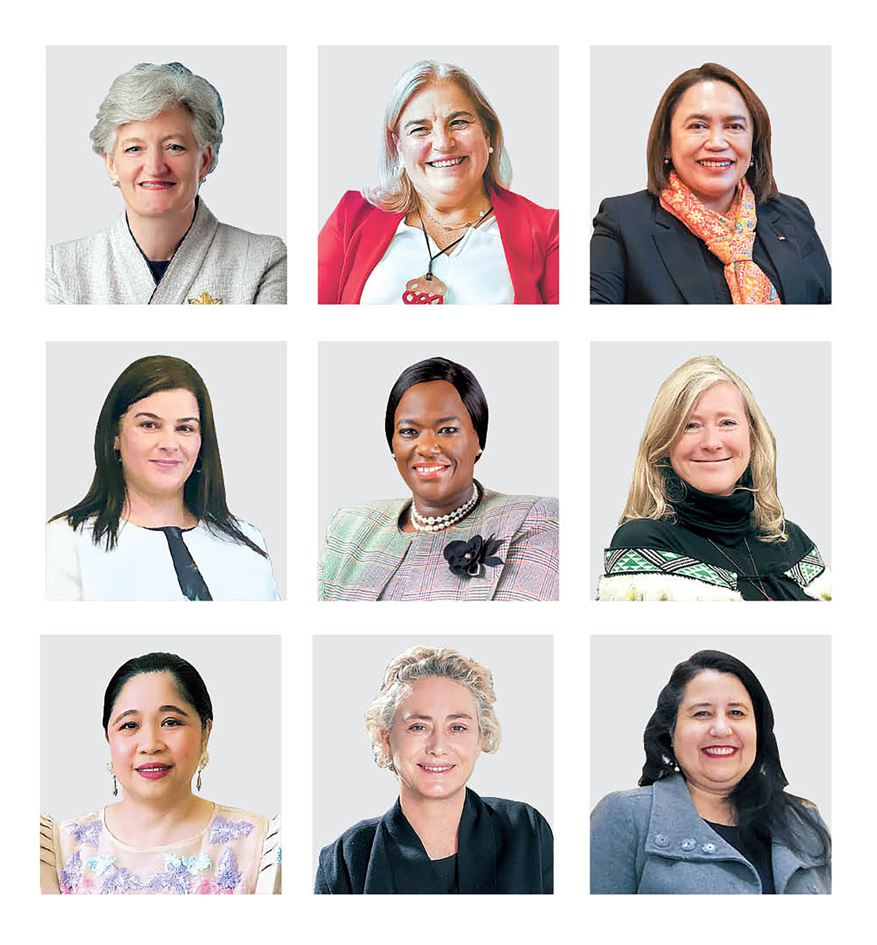 Clockwise from top left: Canadian Ambassador to Korea Tamara Mawhinney, EU Ambassador Maria Castillo Fernadez, Indonesia's Charge d'Affaires ad interim Zelda Wulan Kartika, New Zealand Ambassador Dawn Bennet, Venezuelan Charge d'affaires Isabel Di Carlo Quero, Ambassador of Switzerland Dagmar Schmidt Tartagli, Ambassador of Philippines Theresa Dizon-de Vega, Ambassador of Hashemite Kingdom of Jordan Asal Al-Tal, and Kenyan Ambassador Emmy Jerono Kipsoi (Embassies of each country)