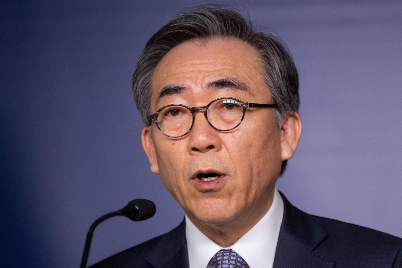 South Korean Minister of Foreign Affairs Cho Tae-Yul delivers a joint statement with Poland's foreign minister following a meeting at the Foreign Ministry in Warsaw, Poland, Wednesday. (AFP)