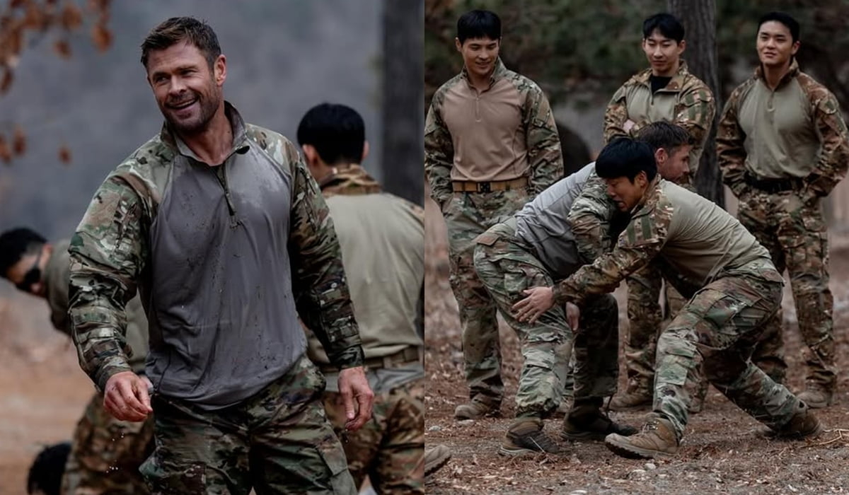 Chris Hemsworth in Korean military attire. In these photos he shared on his Instagram, the actor is seen wrestling with another man in military clothing, as others watch on. (Instagram)