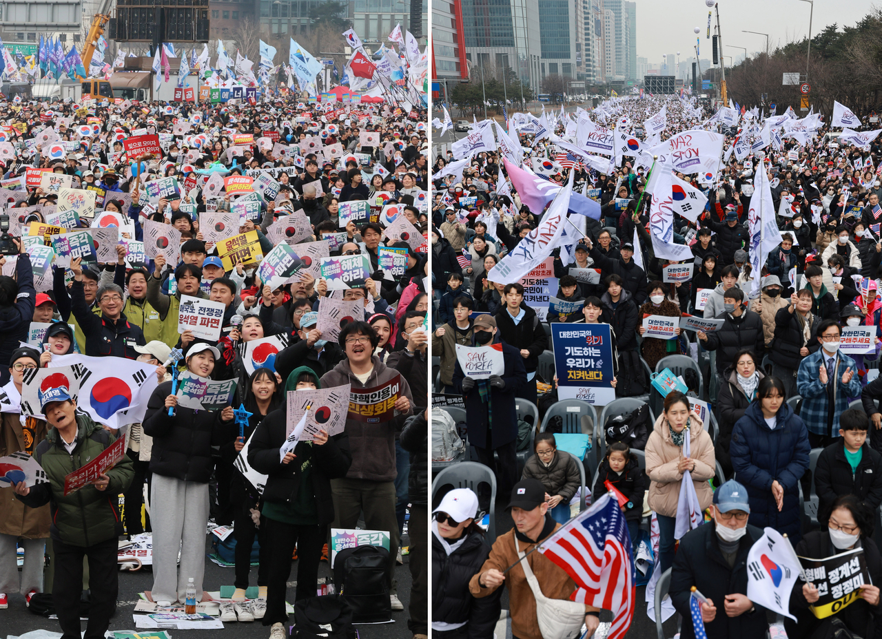 1일 서울 경복궁역 일대에서 윤석열즉각퇴진·사회대개혁 비상행동 주최 범시민 대행진(왼쪽)이, 여의대로에서는 세이브코리아 주최로 윤석열 대통령 탄핵 기각을 촉구하는 ‘3·1절 국가비상기도회’가 각각 열리고 있다. [연합]