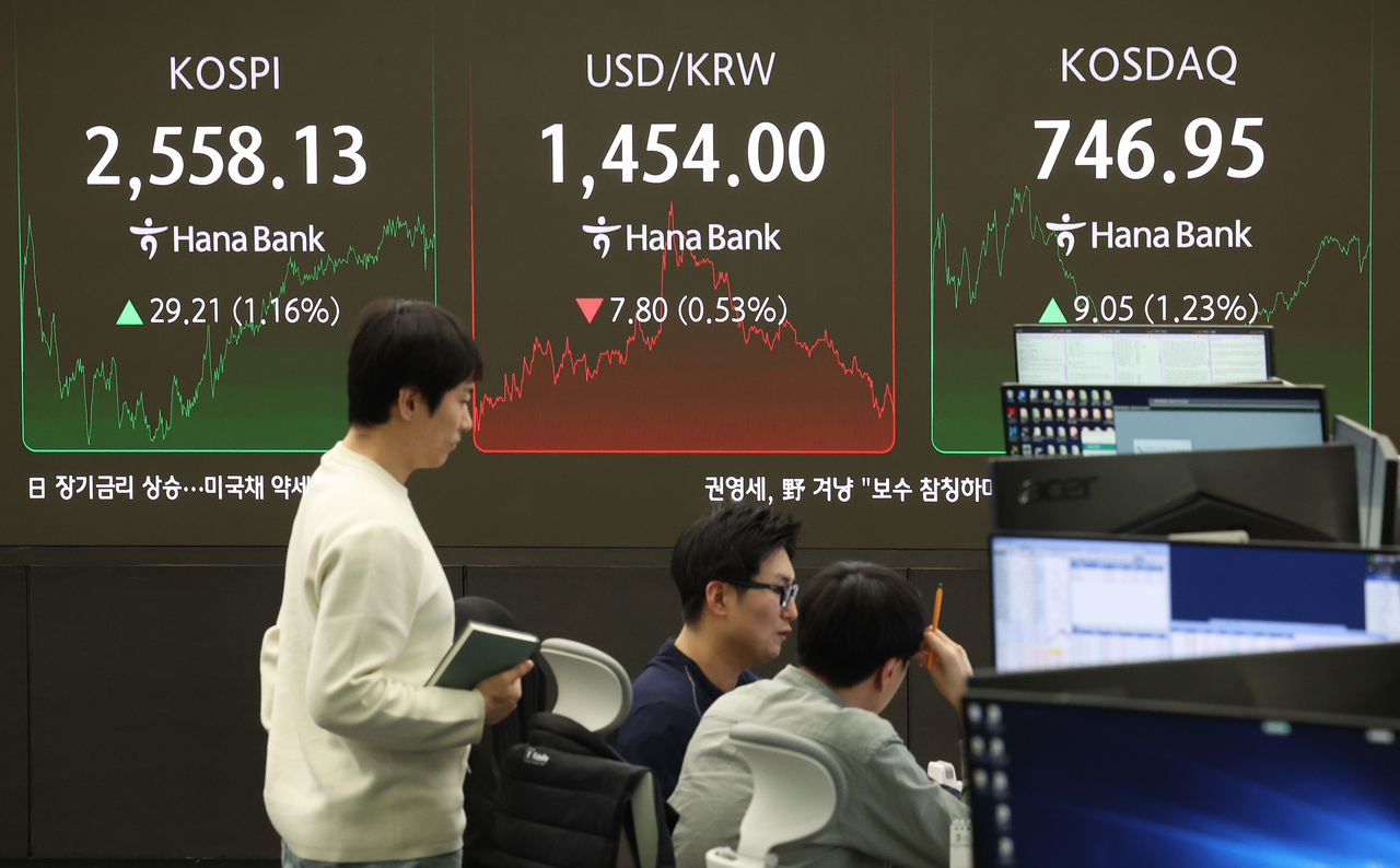 미국에서 들어오는 주식 투자자금이 대부분 환헤지를 하지 않아 환율에 민감한 것으로 나타났다. 사진은 지난 5일 코스피, 원/달러 환율, 코스닥 지수가 표시돼 있는 서울 중구 하나은행 본점 딜링룸 현황판 [연합]
