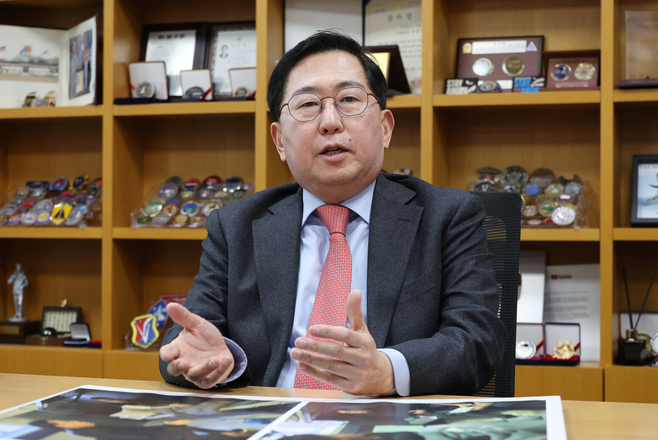 Yu Yong-weon, a lawmaker of South Korea's ruling People Power Party, gives an interview with Yonhap News Agency at the National Assembly in Seoul on Friday. (Yonhap)