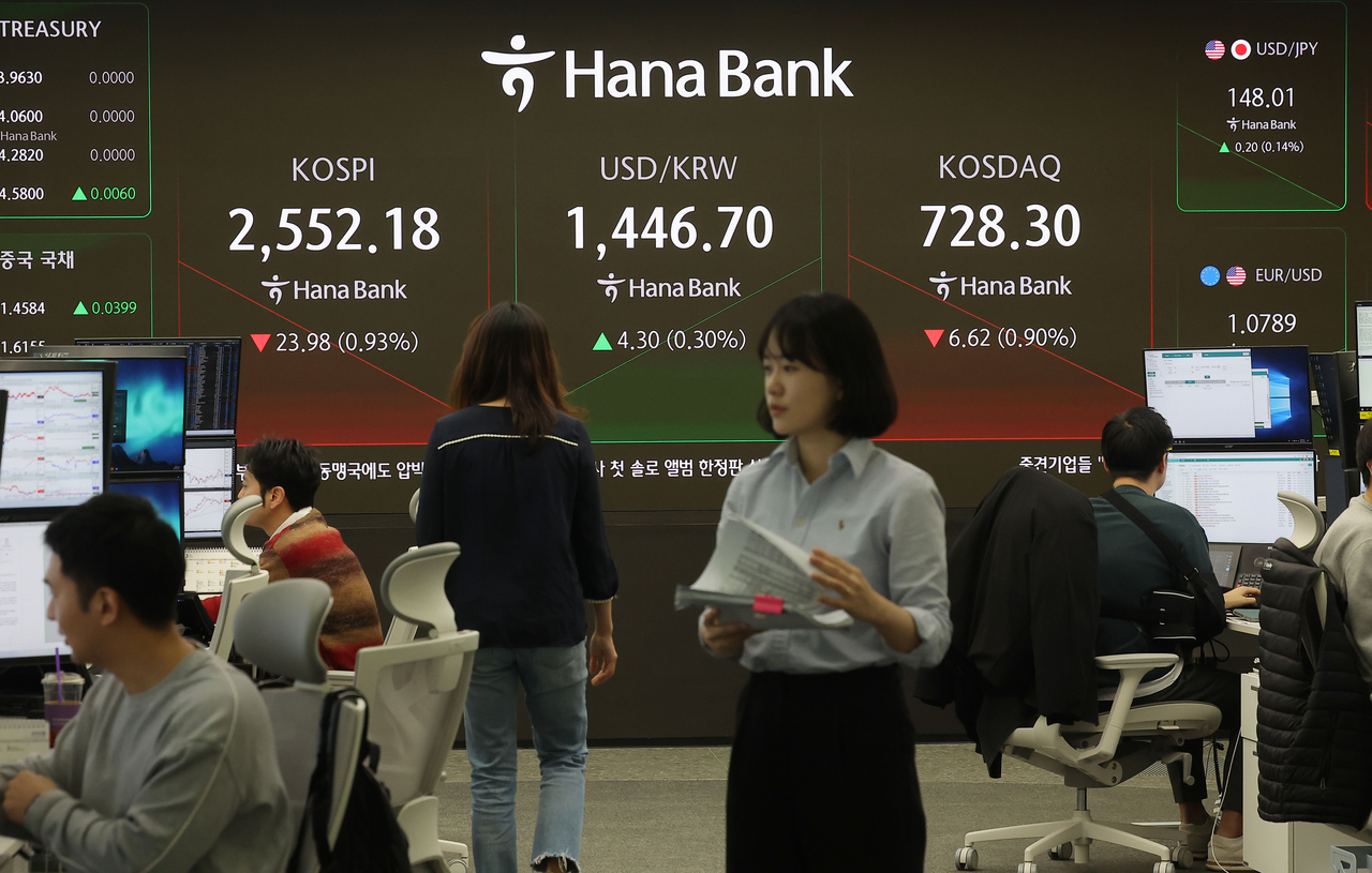 An electronic board showing the Korea Composite Stock Price Index at a dealing room of the Hana Bank headquarters in Seoul on Friday. (Yonhap)