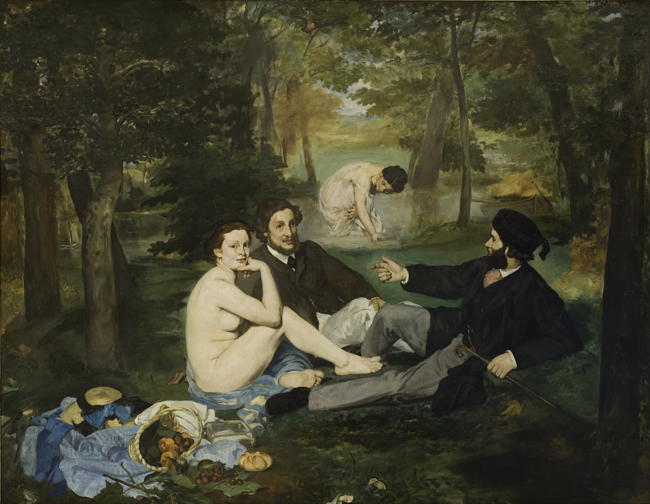 에두아르 마네, 풀밭 위의 점심 식사, 1863, 캔버스에 유채, 208x264.5cm, 오르세 미술관
마네 또한 원래는 <풀밭 위의 점심 식사>를 구성할 때 나체 여인까지는 등장시킬 생각이 없었다고 한다. 그러나 센강에서 멱을 감는 여인을 본 후 영감이 떠올랐고, 이에 보다 파격적인 실험에 나서기로 마음먹었다는 이야기가 있다.