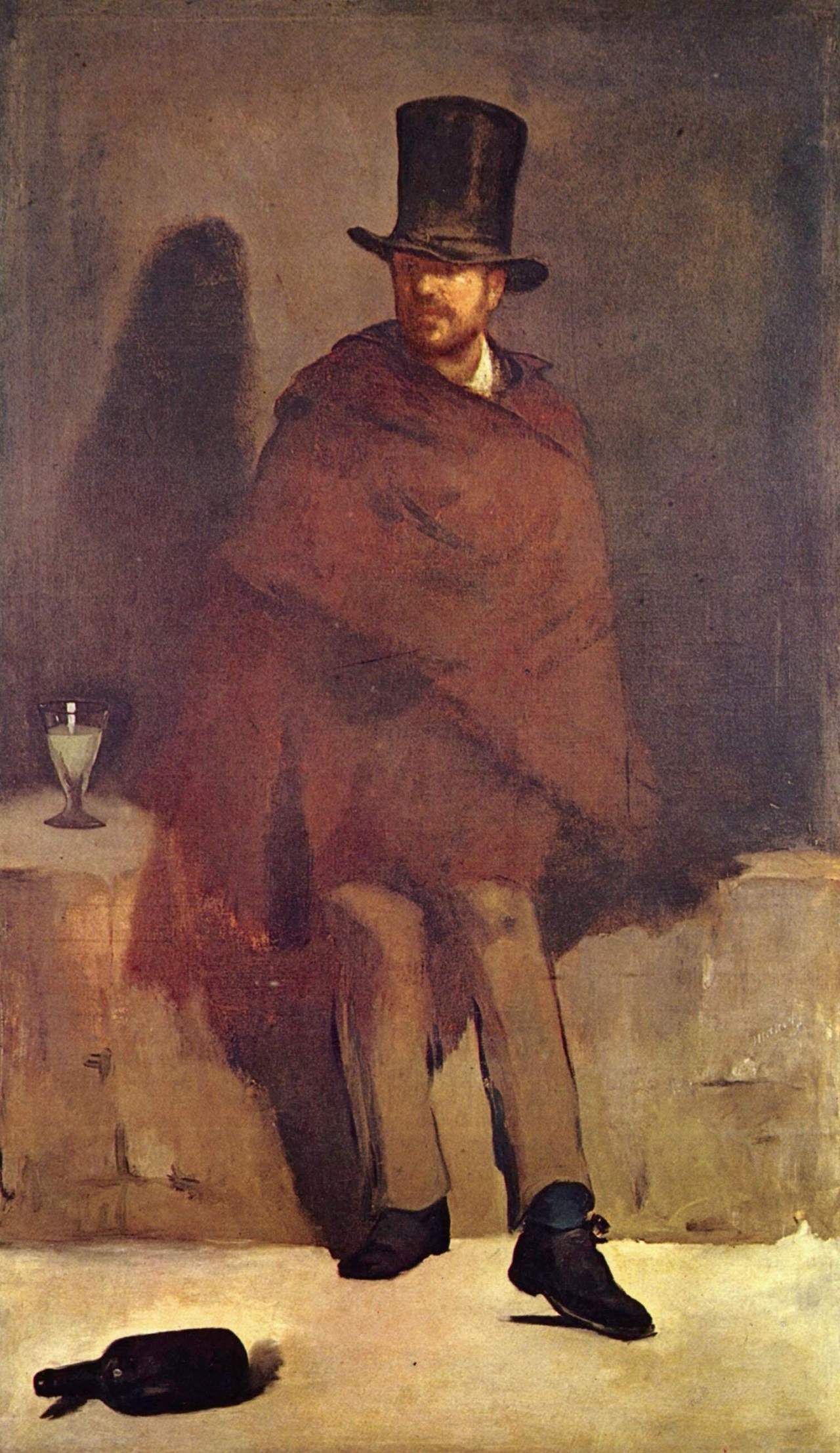에두아르 마네, 압생트를 마시는 남자, 1859, 캔버스에 유채, 180.5x105.6cm, Ny Carlsberg Glyptotek
멍한 표정의 남자가 있다. 곁에는 ‘녹색의 요정’으로 불린 압생트가 채워져 있다. 빈 술병은 아무렇게나 굴러다닌다. 마네 나름대로는 현실을 관통하는 회심의 그림이었지만, 그가 받아든 건 탈락 통보밖에 없었다. 당시 살롱전 심사위원 중에는 마네의 스승이었던 토마 쿠튀르도 있었다.