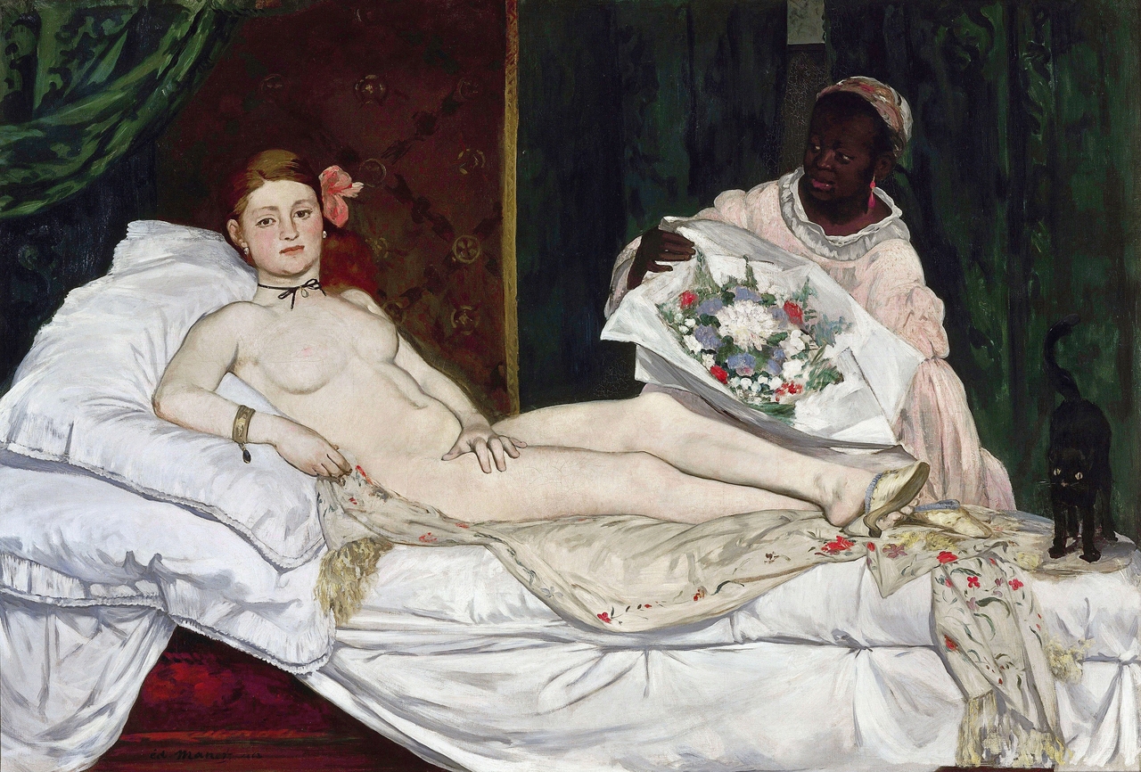 에두아르 마네, 올랭피아, 1863, 캔버스에 유채, 130x190cm, 오르세 미술관
빅토린과 함께 등장하는 흑인 하녀의 실제 이름은 ‘로르(Laure)’다. 당시 회화 속 흑인 하녀는 대개 식민지 노예와 같은 이미지로 그려졌는데, 마네의 그림 속 그녀 모습은 그렇게까지 남루해보이지 않는다. 이 또한 관람객이 그림을 보기에 어색한 장면이었을 가능성이 있다. 한편, 마네는 <올랭피아>까지 혹평을 받자 진심(!)으로 풀이 죽었다고 한다.
