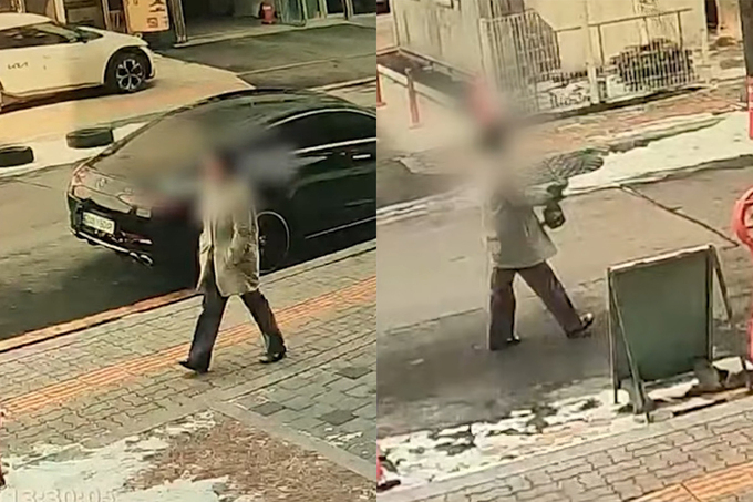 지난달 10일 오후 1시30분께 대전 서구의 한 초등학교 인근 마트에 들러 흉기를 구입한 뒤 검은 봉지에 들고 나오는 교사 명모 씨[JTBC 보도화면 캡처]