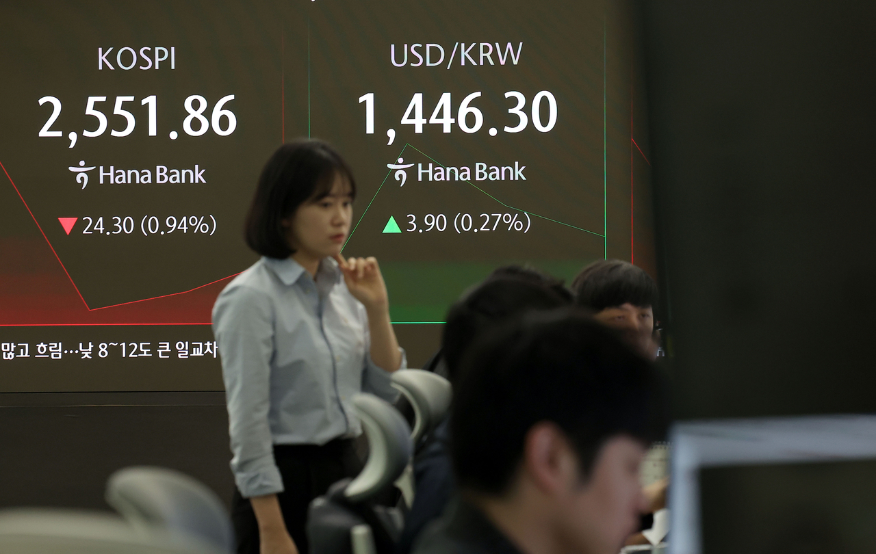 7일 오전 서울 중구 하나은행 본점 딜링룸에서 딜러가 업무를 보고 있다. [연합]