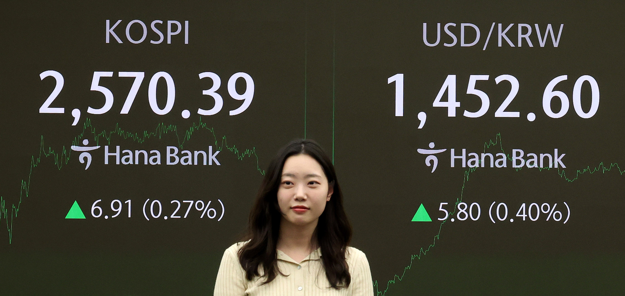 An electronic board showing the Korea Composite Stock Price Index at a dealing room of the Hana Bank headquarters in Seoul on Monday. (Newsis)