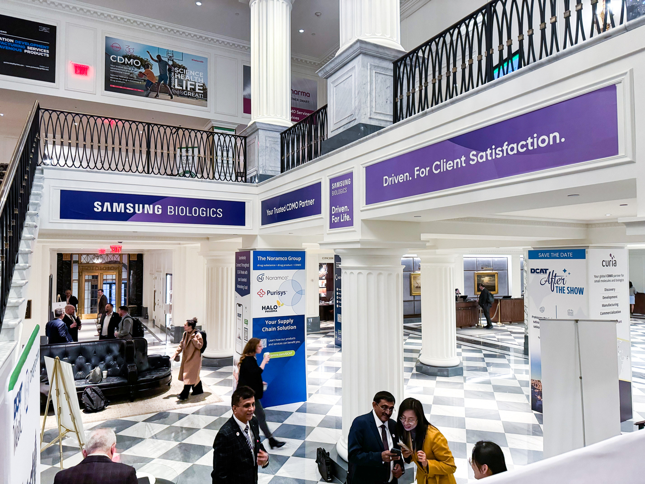 Samsung Biologics banners are displayed at the DCAT Week 2024 held in New York City last year. (Samsung Biologics)