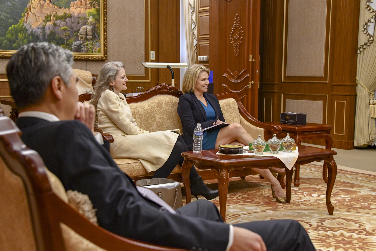 Allison Hooker (center), now the nominee for US undersecretary of state for political affairs, speaks alongside the US government delegation in Pyongyang on Oct. 7, 2018. (US State Department)