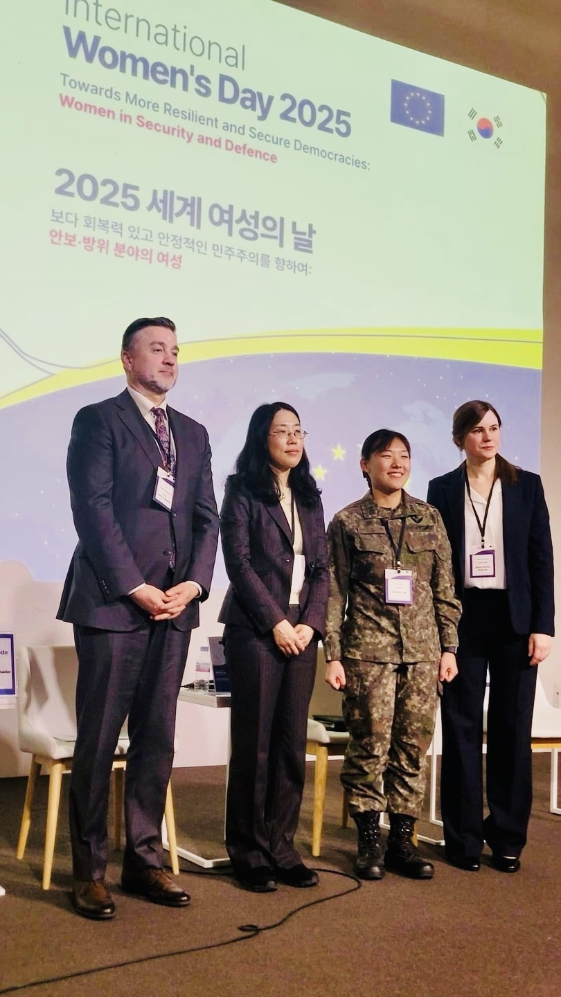 Estonian Ambassador to Korea Sten Schwede (first from left) poses with attendees of the International Women’s Day event organized by the European Delegation to Korea on Saturday. (Estonian Embassy in Seoul)