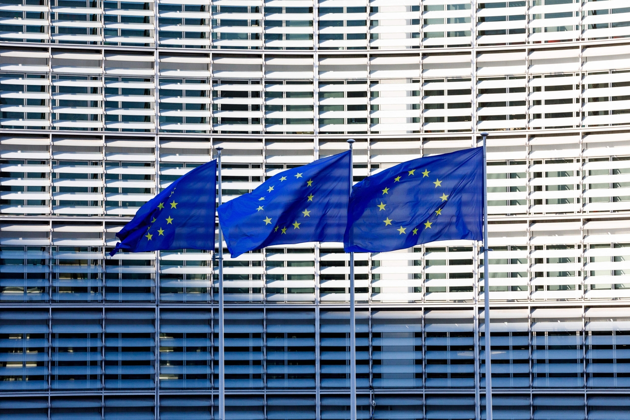 The flag of the European Union flies at the EU headquarters during the Special European Council to discuss continued support for Ukraine and European defense, in Brussels, Thursday. (AFP)