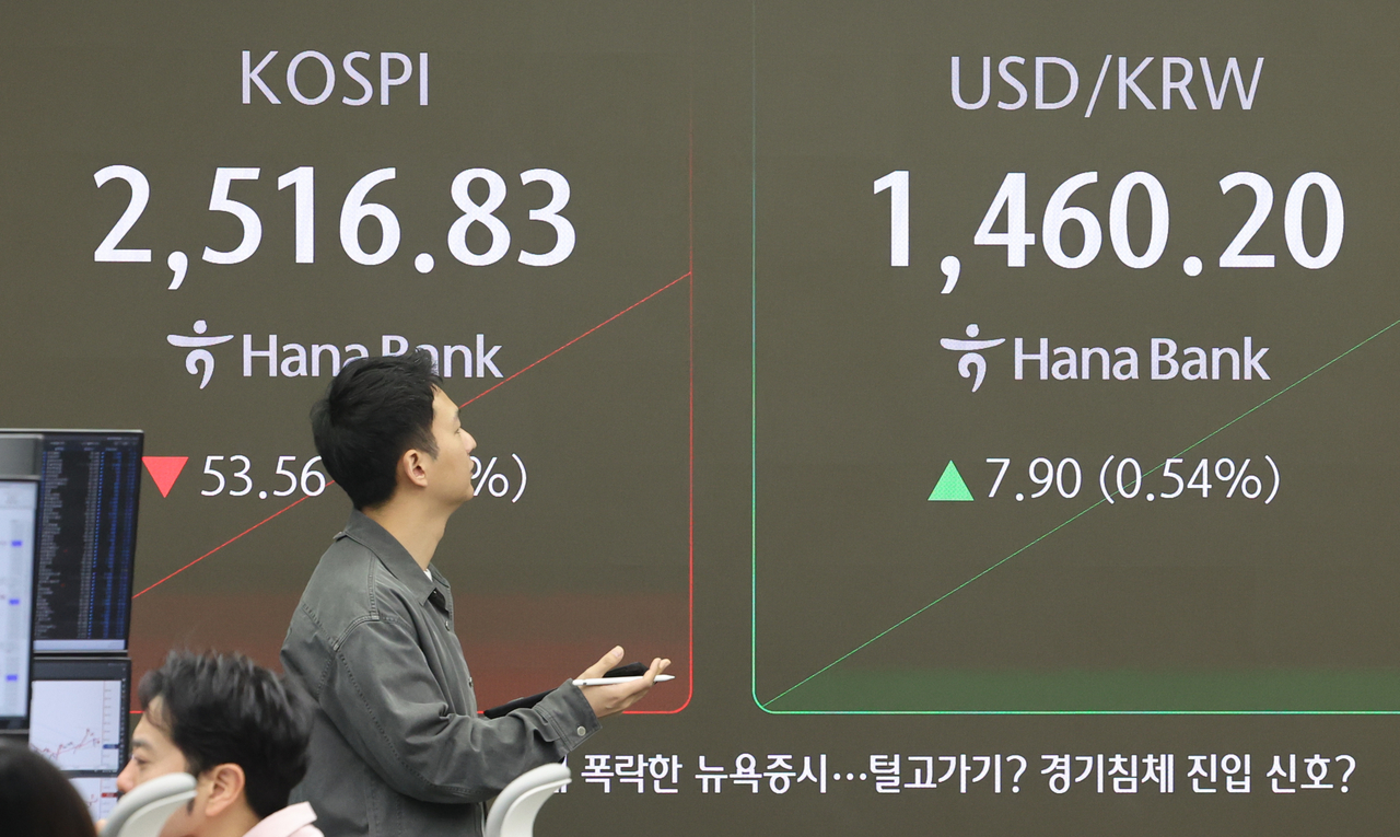 미국 경기가 흔들릴 수 있단 공포가 시장을 엄습하면서 위험회피 심리가 강화돼 원/달러 환율이 11일 장 중 한때 1460원대에 진입했다. 사진은 미국 증시 급락 충격에 코스피가 하락 출발한 11일 코스피 지수와 원/달러 환율이 표시되고 있는 서울 중구 하나은행 딜링룸 현황판 [연합]