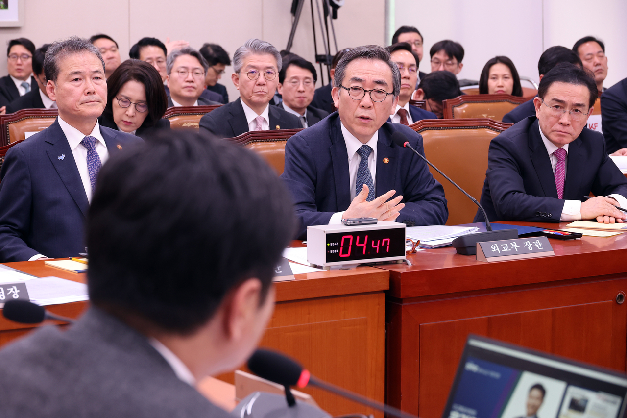 11일 서울 여의도 국회에서 열린 외교통일위원회 전체회의에서 조태열 외교부 장관이 의원 질의에 답변하고 있다. [연합]