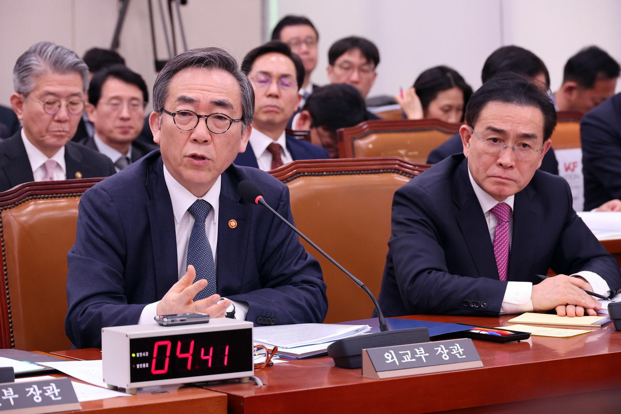 11일 서울 여의도 국회에서 열린 외교통일위원회 전체회의에서 조태열 외교부 장관이 의원 질의에 답변하고 있다.  [연합]