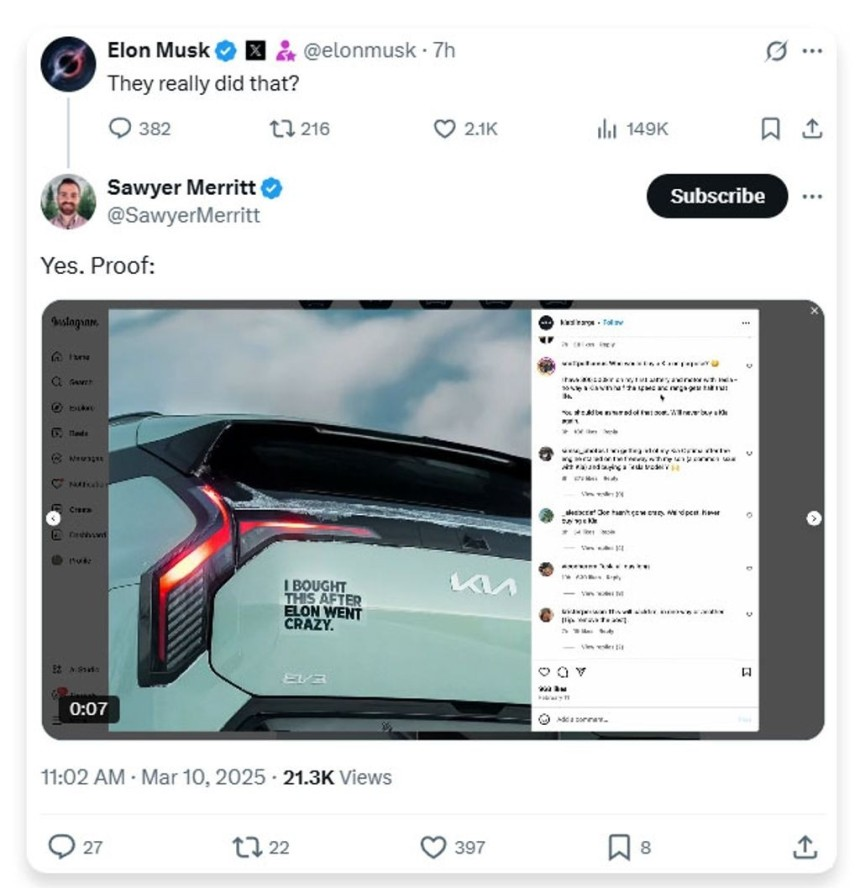 Elon Musk's response to Kia Norway's advertisement posted on X (Screen captured from X)