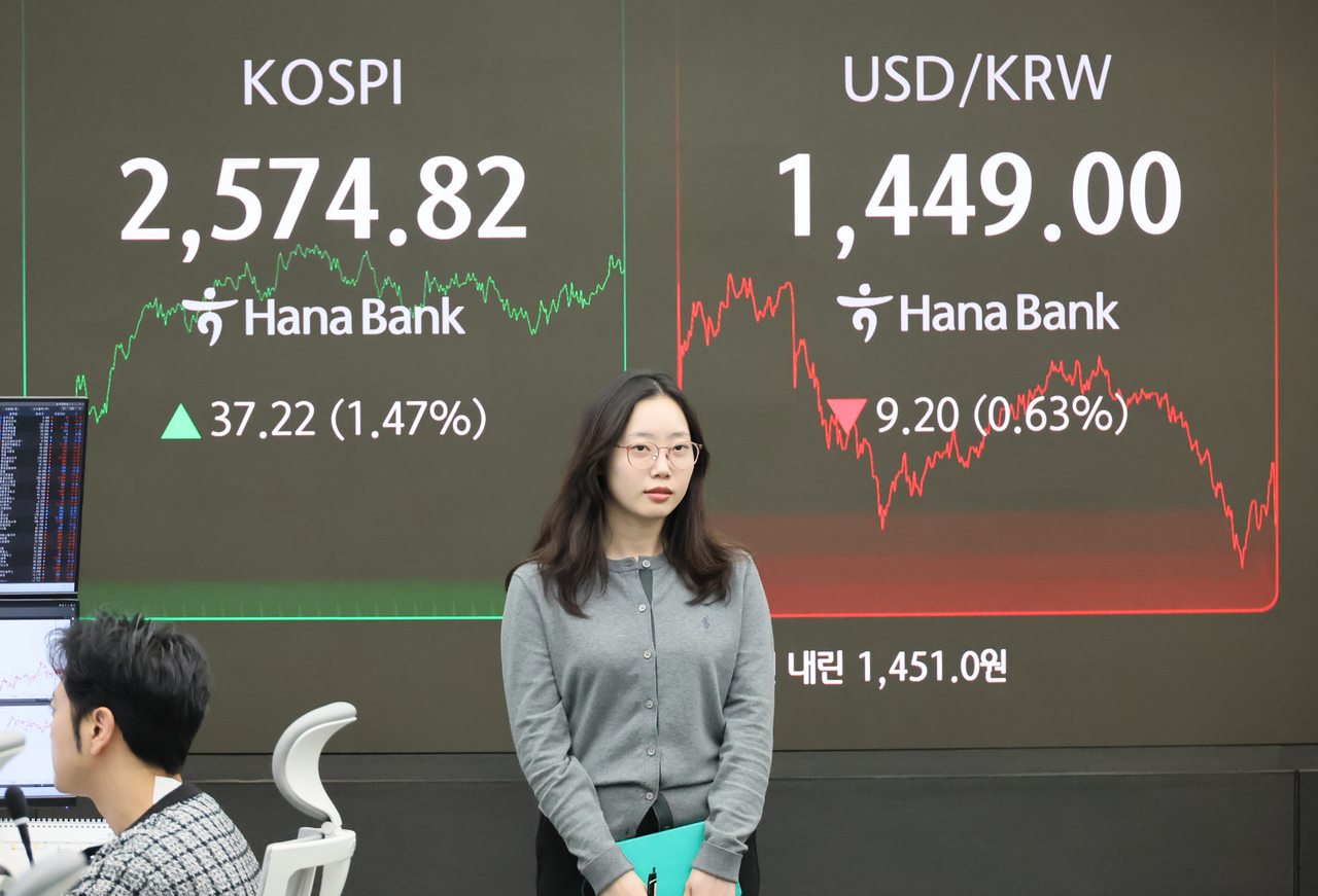 An electronic board showing the Korea Composite Stock Price Index at a dealing room of the Hana Bank headquarters in Seoul on Wednesday. (Yonhap)