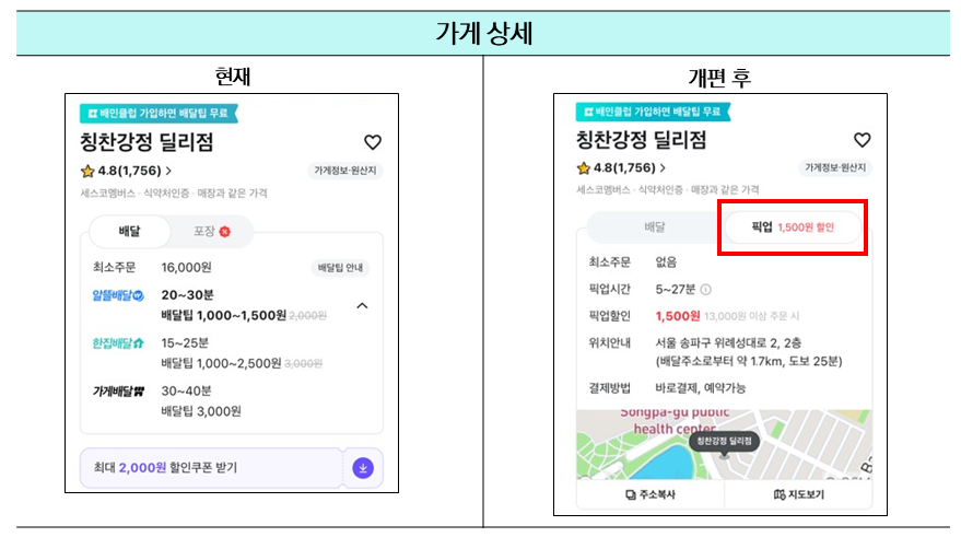 배달의민족 앱 가게상세 개편 전후 비교 [우아한형제들 제공]