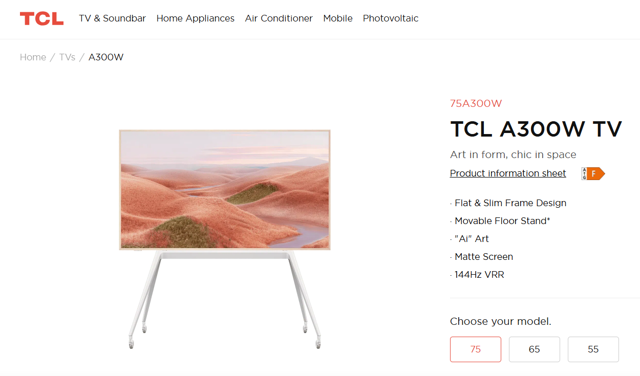 A captured image of TCL's EU website shows the TV being sold under the name "A300" instead of "Nxtframe." (TCL)