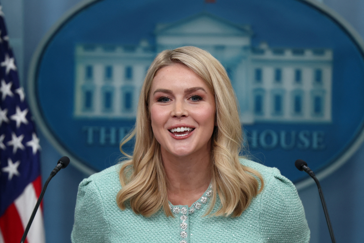 White House Press Secretary Karoline Leavitt speaks during a press briefing at the White House in Washington on Tuesday, in this photo. (Reuters-Yonhap)