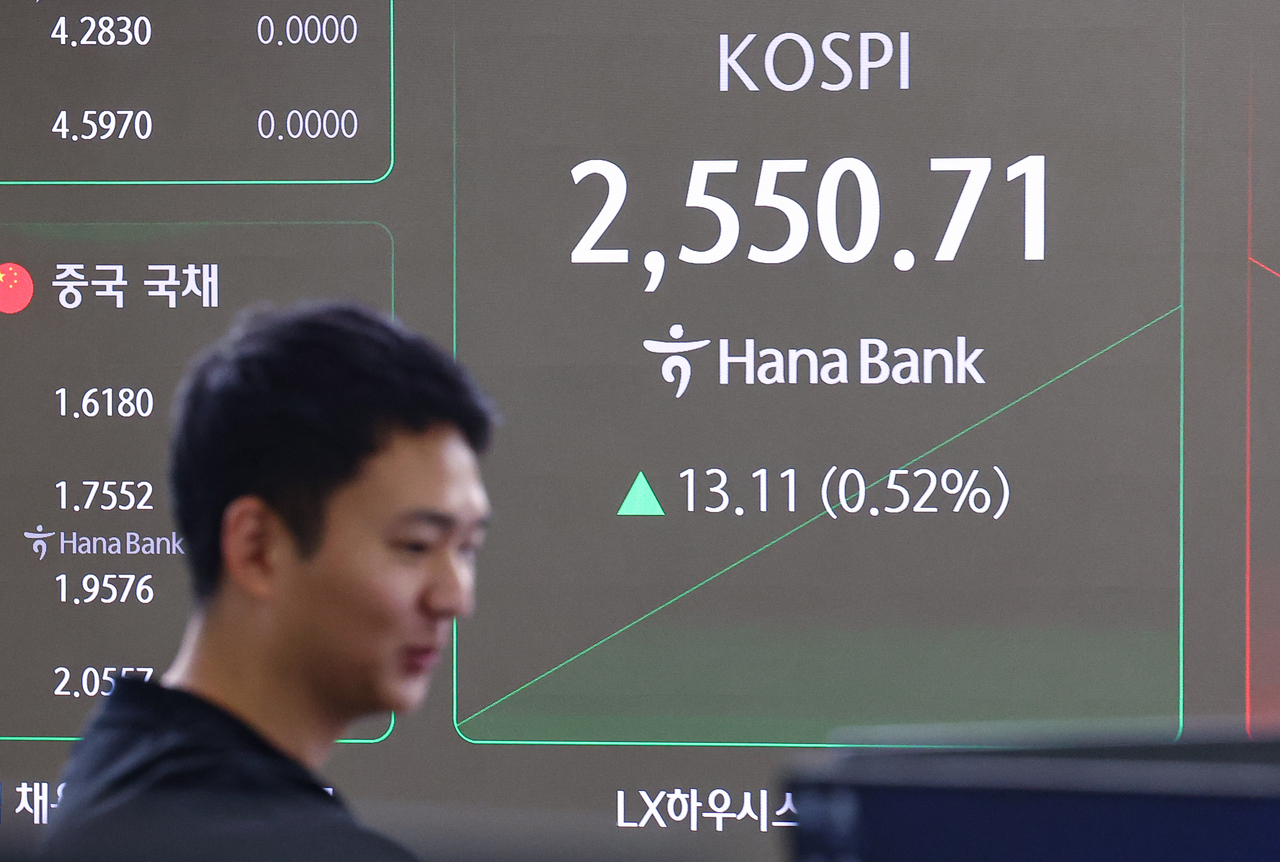 12일 오전 서울 중구 하나은행 본점 딜링룸 현황판에 코스피가 표시돼 있다. 이날 코스피는 전장보다 15.00p(0.59%) 오른 2552.60으로 출발했다. [연합]